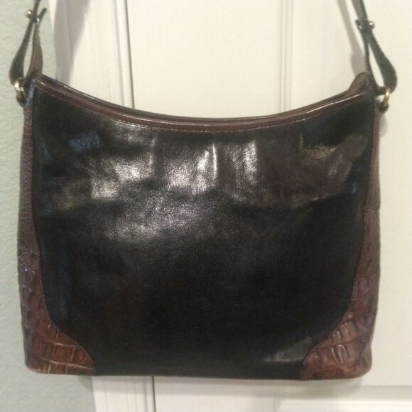 Vintage Brahmin Purse Pecan Croc Black Leather Combo Shoulder Handbag - Picture 1 of 16